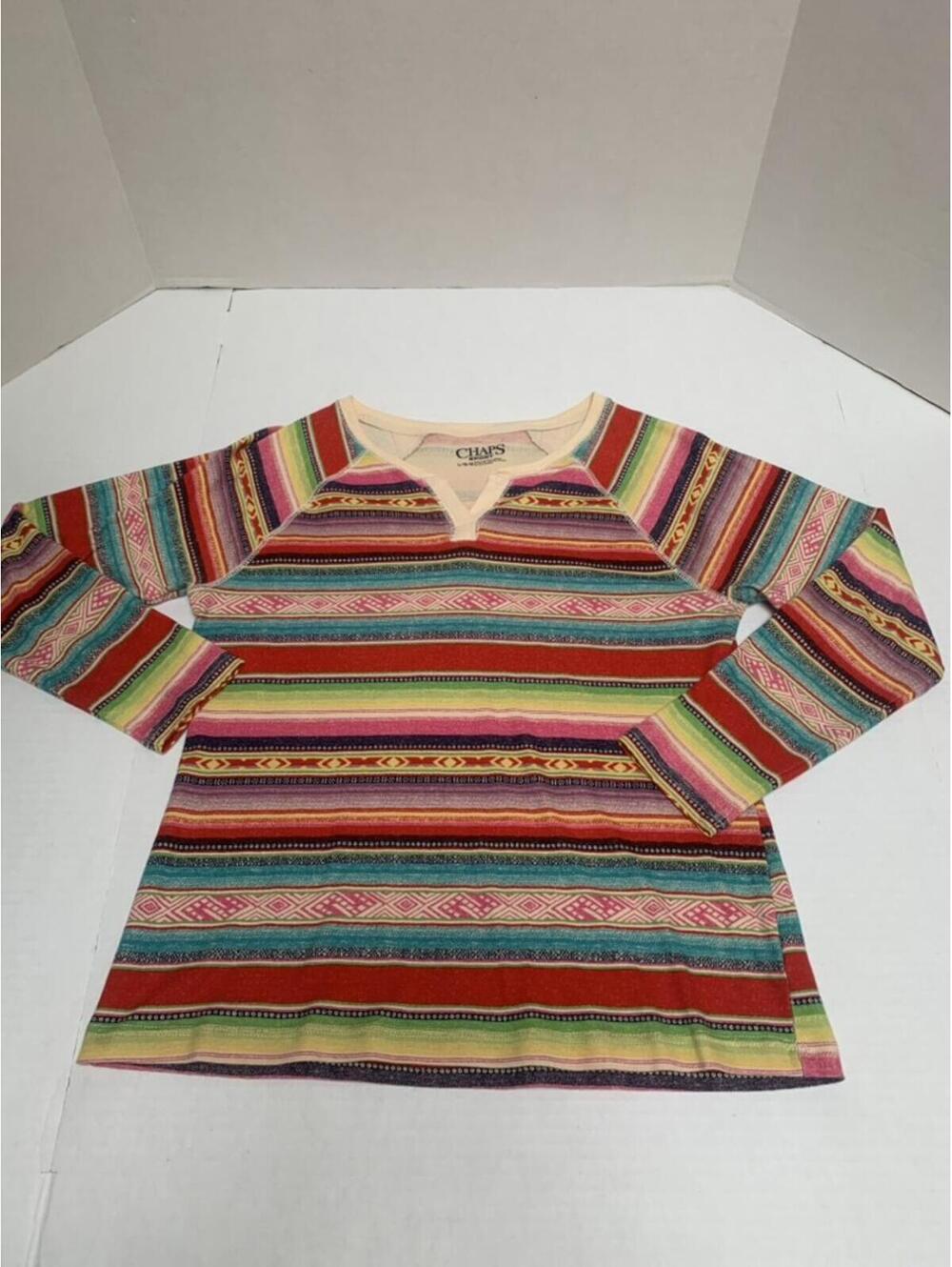Chaps Sport Womans Size Large Multi Southwestern Aztec Striped LS T Shirt